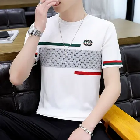 夏装男款短袖t恤冰丝高端针织凉感透气圆领上衣半袖修身速干体恤商品大图