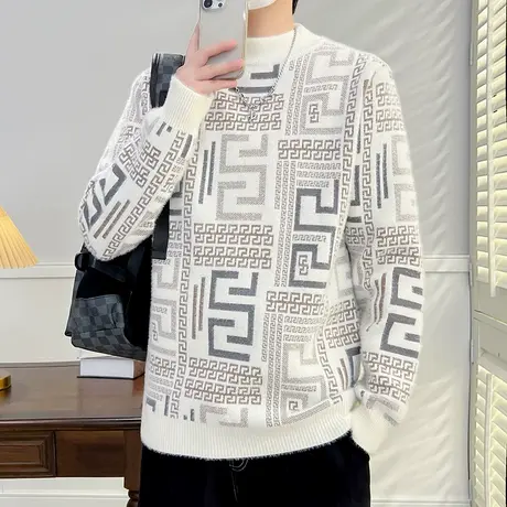 秋冬季潮牌ins水貂绒毛衣男加绒加厚打底针织衫学生圆领保暖线衣商品大图