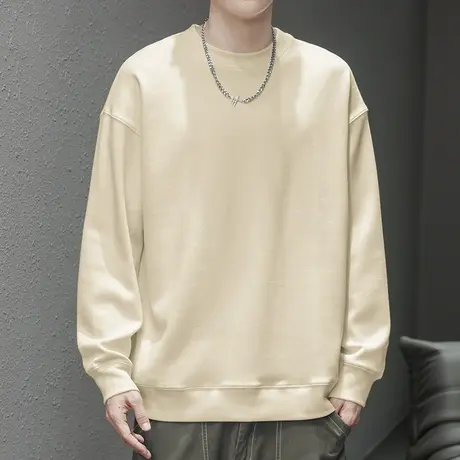 350g重磅男士卫衣春秋季纯色上衣服美式潮流宽松圆领无帽长袖t恤商品大图