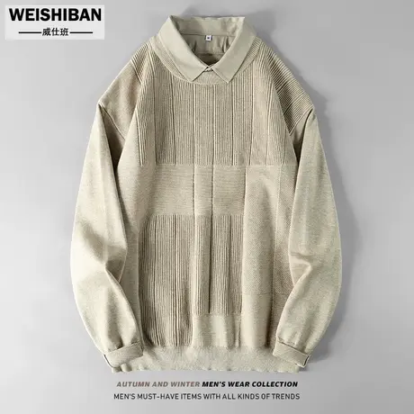 秋冬季衬衫领假两件毛衣男士2023新款高级感宽松慵懒风带领针织衫商品大图