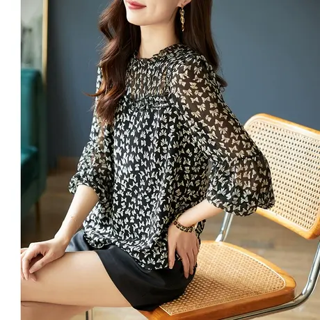 宝诗黎圆领木耳边印花雪纺衫女2024春季新款长袖轻薄时尚流行上衣商品大图