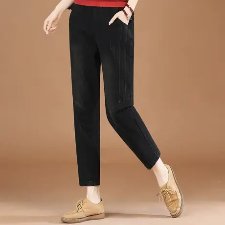 韩潮袭人松紧腰黑色直筒牛仔裤女2024春季新款宽松休闲哈伦长裤薄图片