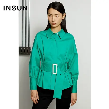 恩裳奥莱春季秋季绿色摩登收腰羊腿袖长袖衬衫图片