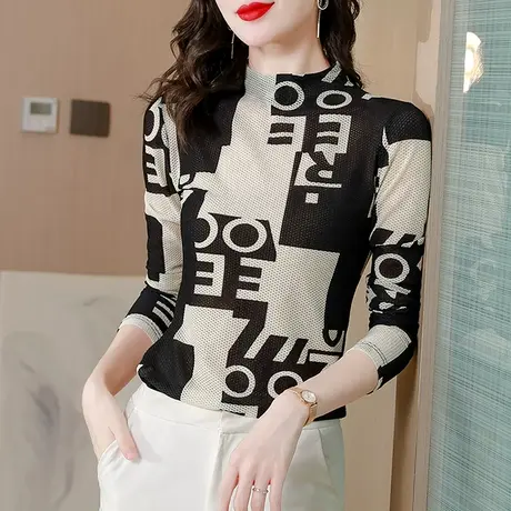 2024春秋新款半高领网纱打底衫女士长袖字母印花T恤气质显瘦上衣商品大图