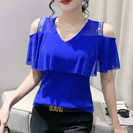 女装2024新款潮性感露肩V领T恤网纱短袖时尚荷叶边小衫紧身上衣夏商品大图
