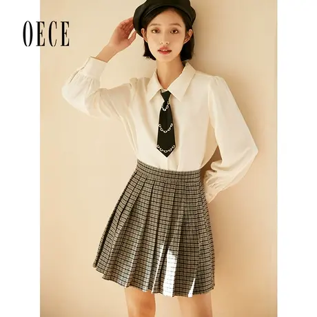 Oece气质半身裙秋冬季新款女装优雅A字裙优雅短裙格子百褶裙图片