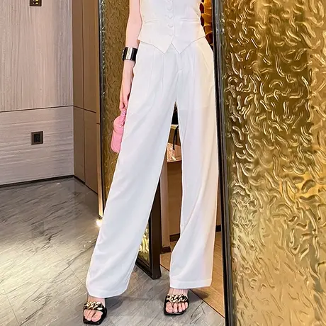 洋气时髦高腰直筒休闲裤2023夏季白色气质炸街薄款修身阔腿裤新款商品大图