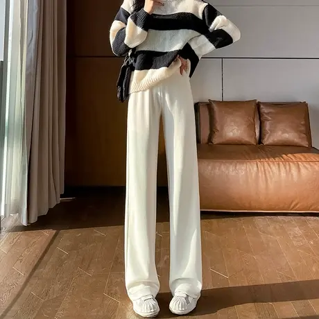 白色灯芯绒裤子女阔腿裤秋冬款高腰垂感宽松显瘦休闲直筒拖地裤子图片