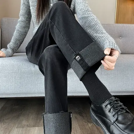黑色加绒牛仔裤女2023年秋冬薄绒高腰显瘦九分小个子直筒烟管裤子商品大图