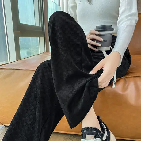 黑色窄版阔腿裤女秋冬新款雪尼尔高腰垂感显瘦灯芯绒直筒休闲裤子商品大图