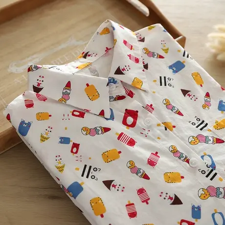 秋季新款日系文艺小清新印花纯棉长袖衬衫女学生宽松休闲打底上衣图片