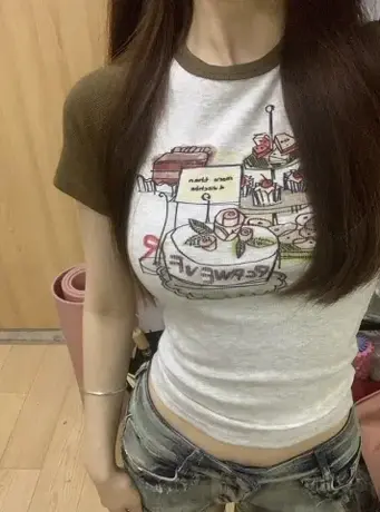 撞色插肩袖T恤女夏季新款甜辣BM风字母印花修身短款正肩短袖上衣商品大图