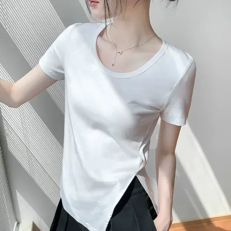 下摆开叉纯棉圆领短袖T恤女夏修身显瘦简约设计感小众纯色打底衫图片