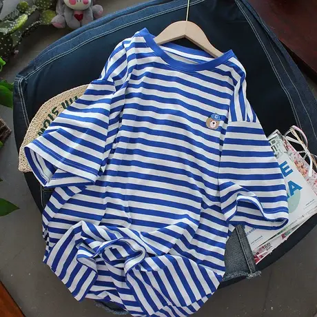 短袖t恤女2021夏季新款韩版宽松卡通中长款蓝条纹海军衫百搭上衣商品大图