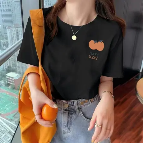 纯棉短袖T恤女2023年夏季新款简约时尚宽松大码显瘦全棉体恤上衣商品大图