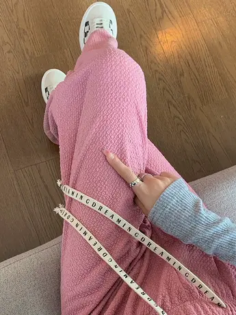 粉色阔腿裤女夏季薄款2023年新款高腰垂感宽松直筒裤小个子泡芙裤图片