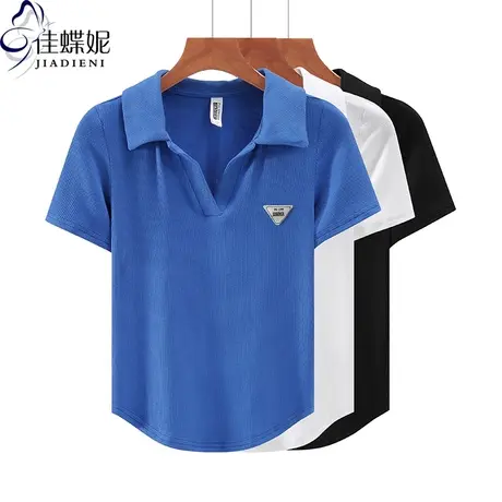 夏季新款韩版翻领修身纯棉下摆圆弧纯欲短袖体恤上衣内搭女打底衫商品大图