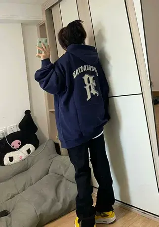 美式复古hiphop连帽卫衣女ins小众高街春秋情侣外套宽松加绒上衣商品大图