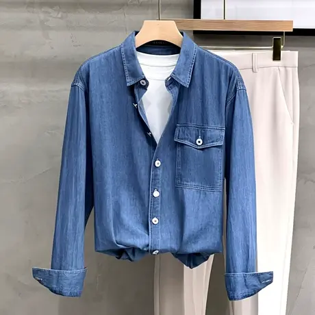 男士休闲衬衫长袖春夏季薄款纯棉牛仔衬衣外套男士春季男装上衣服商品大图