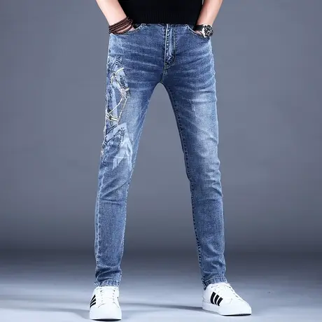 男士烫钻印花牛仔裤男修身小脚2023新款秋冬男款高端潮牌弹力百搭商品大图