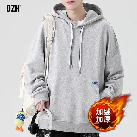 青少年灰色连帽卫衣男加绒加厚宽松百搭上衣冬季打底衫2024年新款商品大图
