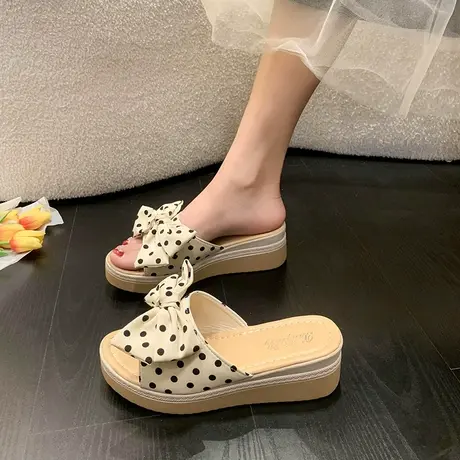 厚底坡跟拖鞋女外穿ins潮2024夏季新款波点蝴蝶结凉拖百搭一字拖商品大图