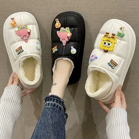 可爱棉拖鞋女冬季室内家居厚底防滑防水加绒保暖孕妇月子包跟棉鞋图片