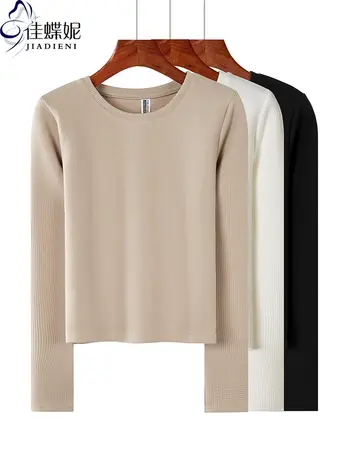 秋季新款韩版圆领短款纯欲华夫格纯色修身长袖体恤上衣内搭女打底商品大图