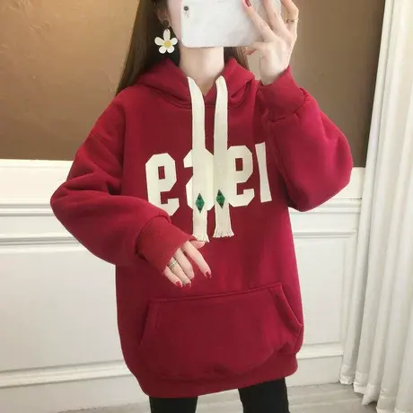 卫衣女2024新款爆款秋冬韩版宽松中长款加绒加厚过年红色上衣外套商品大图