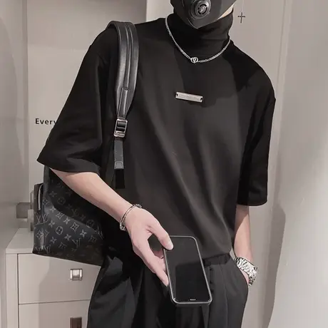 夏季高领T恤男高级感短袖潮男个性潮流帅气半截袖2023新款ins半袖商品大图