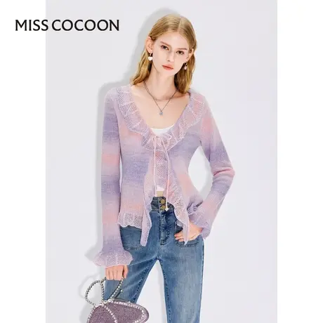 MISSCOCOON【漫拾光旅】24春新款渐变幻彩纱荷叶边修身毛针织开衫图片