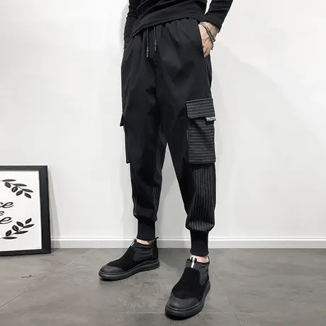 秋季男士裤子休闲裤哈伦裤工装宽松潮流潮牌束脚运动拼色条纹快手商品大图