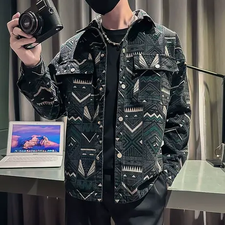 个性花色潮牌牛仔外套男2023秋季痞帅秋装上衣高级INS复古夹克商品大图