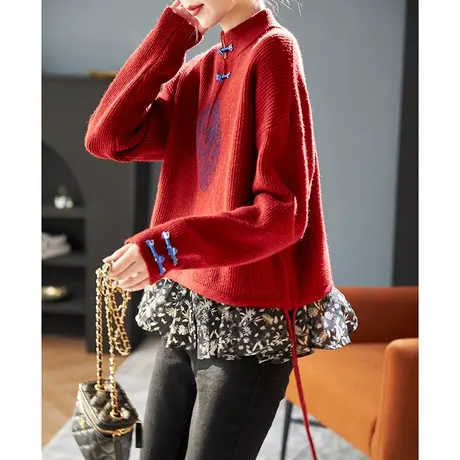 宝诗黎小立领短款套头毛衣2024春季新款新中式国风新年红色针织衫商品大图