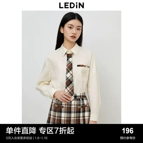 乐町新品领口绣花衬衫秋季女生前胸logo宽松女生学院风上衣商品大图