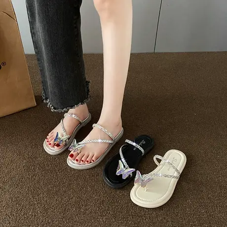 拖鞋女外穿2024新款夏季防滑平底套趾沙滩凉鞋水钻蝴蝶夹脚凉拖鞋商品大图