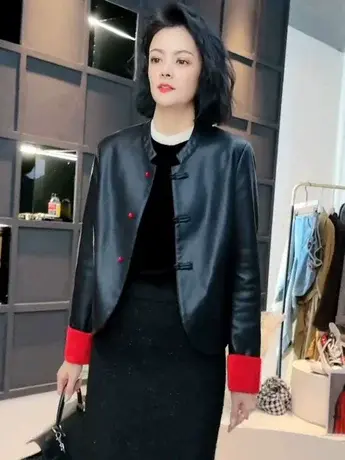 2024春季新款中式复古柔软蛋白皮衣短款女醋酸拼接唐装外套上衣潮商品大图