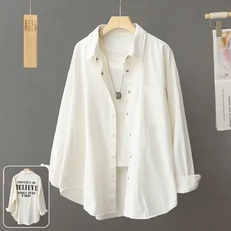后背字母衬衫式外套女装宽松大码早春秋季上衣中长款休闲工装衬衣商品大图