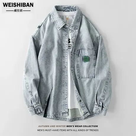 美式潮牌重工拼接牛仔衬衫男潮流时尚复古小众设计感宽松衬衣外套商品大图