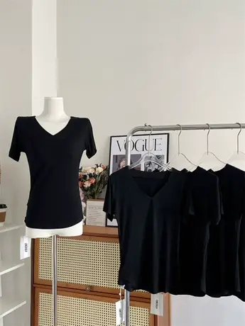 纯欲显瘦美式辣妹时尚百搭黑色V领短袖T恤女夏季新款辣妹打底上衣商品大图