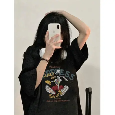 重磅纯棉短袖t恤女国潮ins圆领宽松美式复古春夏季oversize上衣服商品大图