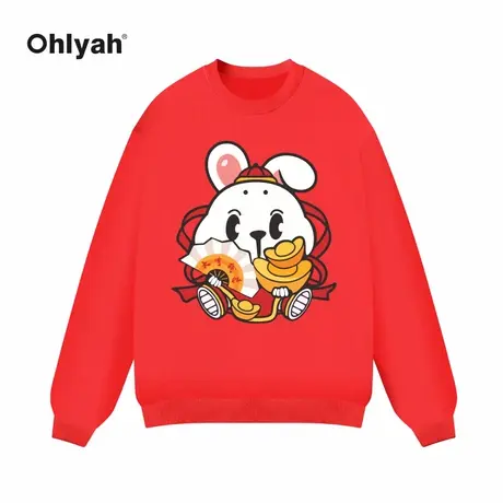 Ohlyah兔年卡通兔子印花套头男女情侣贺岁红色卫衣团队班服定制图片