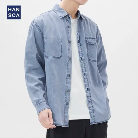 汉斯卡春季高端牛仔衬衫男长袖纯棉潮流时尚宽松休闲复古工装外套商品大图