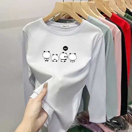 白色t恤女长袖欧洲站女装2024早春秋季新款小熊印花上衣圆领显瘦商品大图