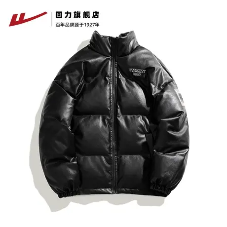 回力羽绒棉衣男女立领拼接冬季外套加厚短款面包服宽松PU皮棉袄子商品大图