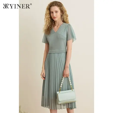 YINER音儿女装夏季V领拼接收腰连衣裙商品大图