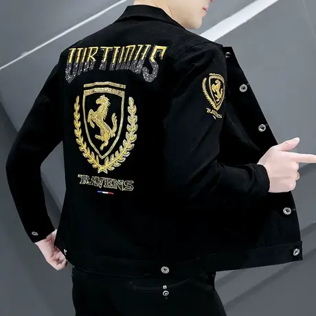 秋季男装牛仔外套社会小伙潮流修身牛仔褂男韩版个性帅气刺绣夹克商品大图