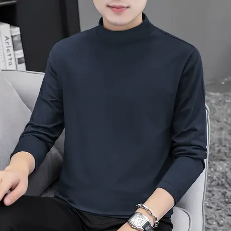 2023新款纯棉长袖t恤男潮流半高领秋季上衣服中领全棉内搭打底衫商品大图