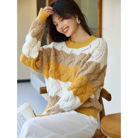 时尚气质百搭套头毛衣女士2023年秋季新款撞色减龄淑女休闲上衣商品大图