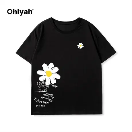 Ohlyah潮牌植物花卉小雏菊印花短袖t恤男女宽松纯棉街头半袖上衣商品大图